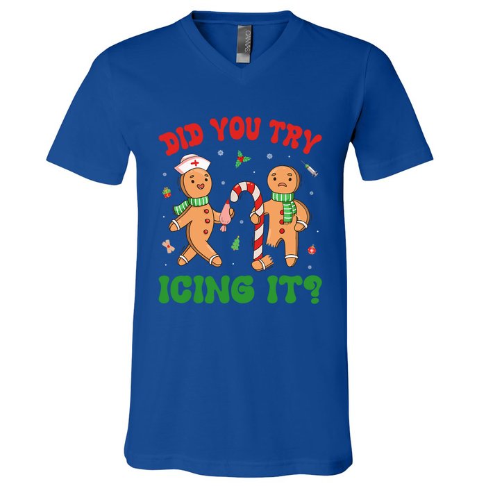 Did You Try Icing It Christmas Gingerbread Nurse Squad Gift V-Neck T-Shirt