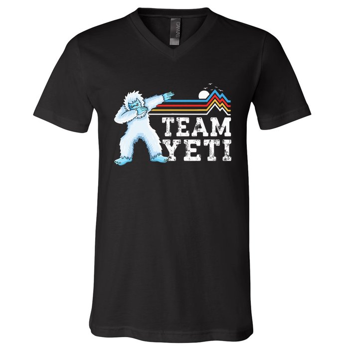 Dabbing Yeti Vintage Sunset Mountain Bigfoot Lover Team Yeti V-Neck T-Shirt