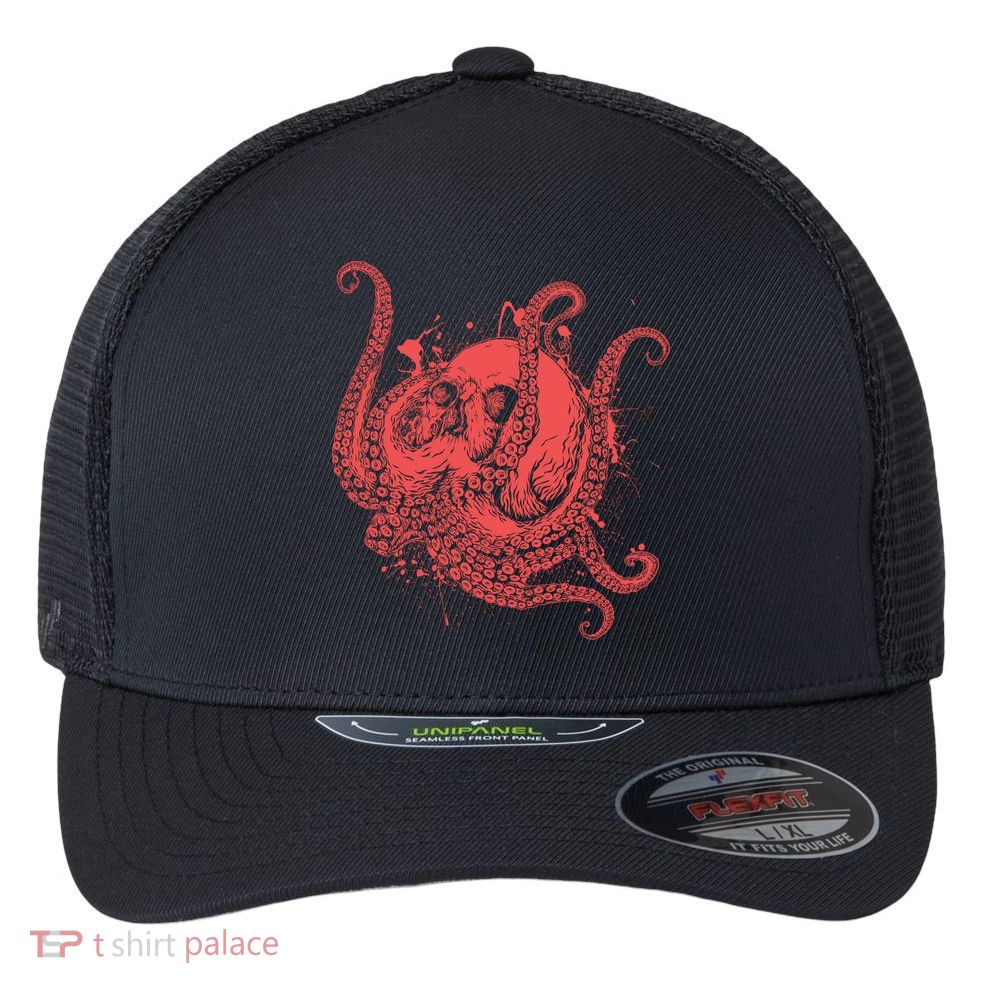 Deadly Zombie Octopus Skull Flexfit Unipanel Trucker Cap