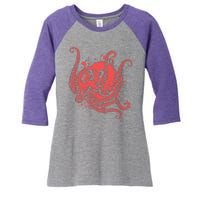 Deadly Zombie Octopus Skull Women's Tri-Blend 3/4-Sleeve Raglan Shirt