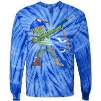 Dabbing Zombie Playing Ice Hockey Player Cool Halloween Gift Tie-Dye Long Sleeve Shirt