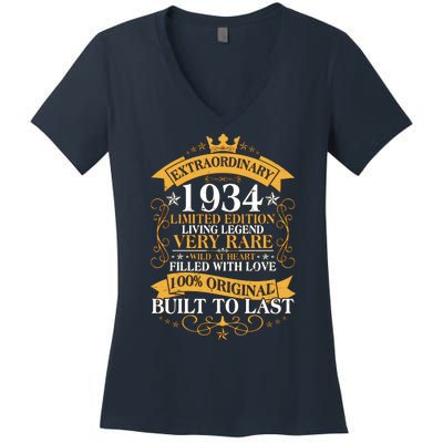 Extraordinary 1934 Limited Edition Built To Last 90th Birthday Women's V-Neck T-Shirt