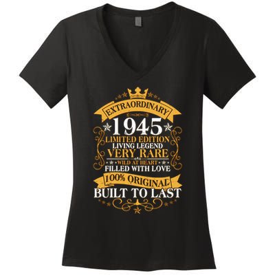 Extraordinary 1945 Limited Edition Built To Last 80th Birthday Women's V-Neck T-Shirt