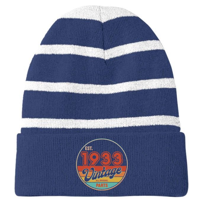 Est 1933 Vintage All Original Parts 90th Birthday Emblem Striped Beanie with Solid Band