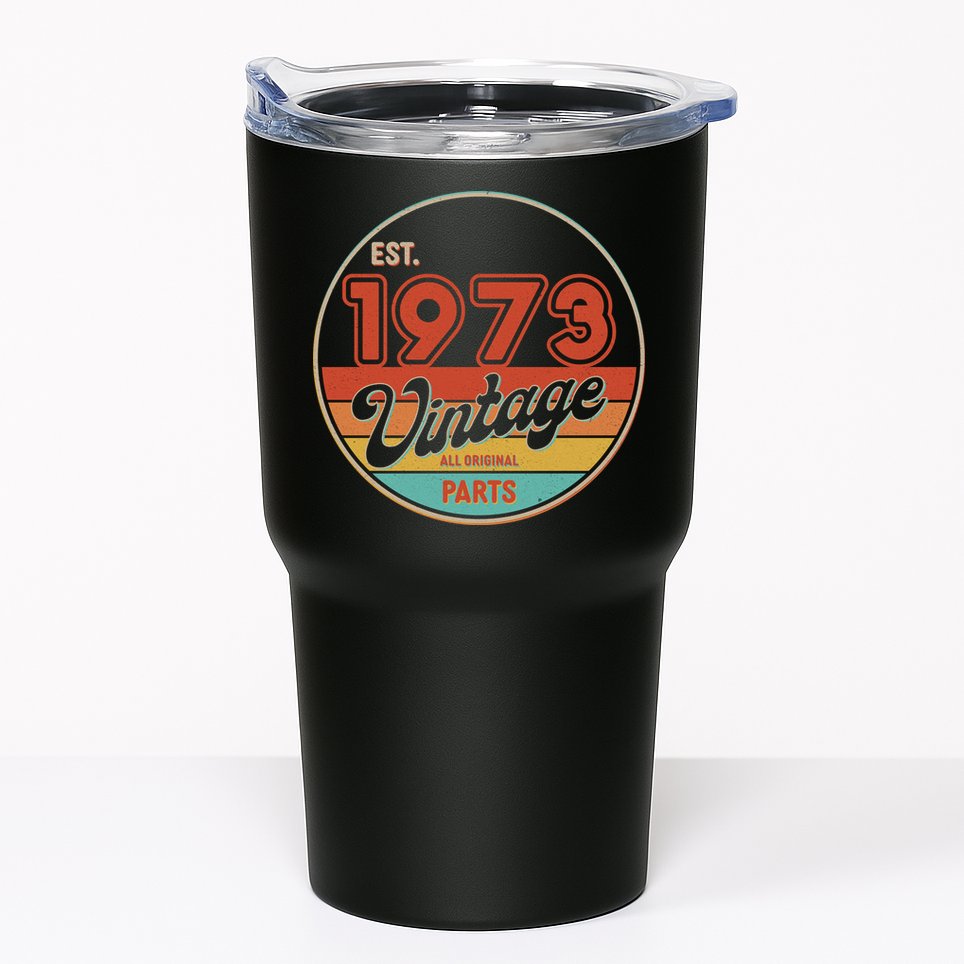 Est 1973 Vintage All Original Parts 50th Birthday Emblem Tumbler