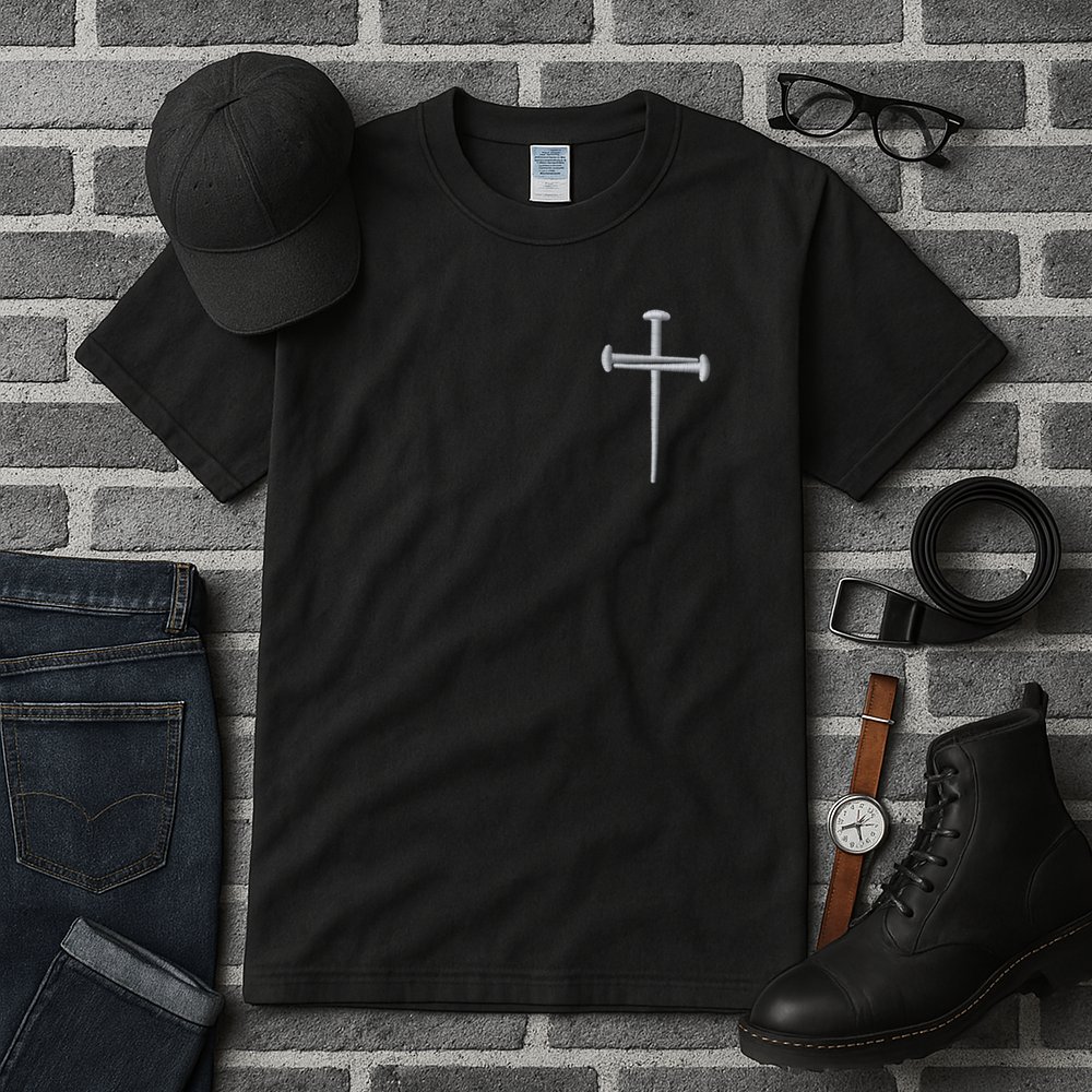 Embroidered 3 Nails Cross Jesus Christ Christian Faith In God Embroidered Tall T-Shirt