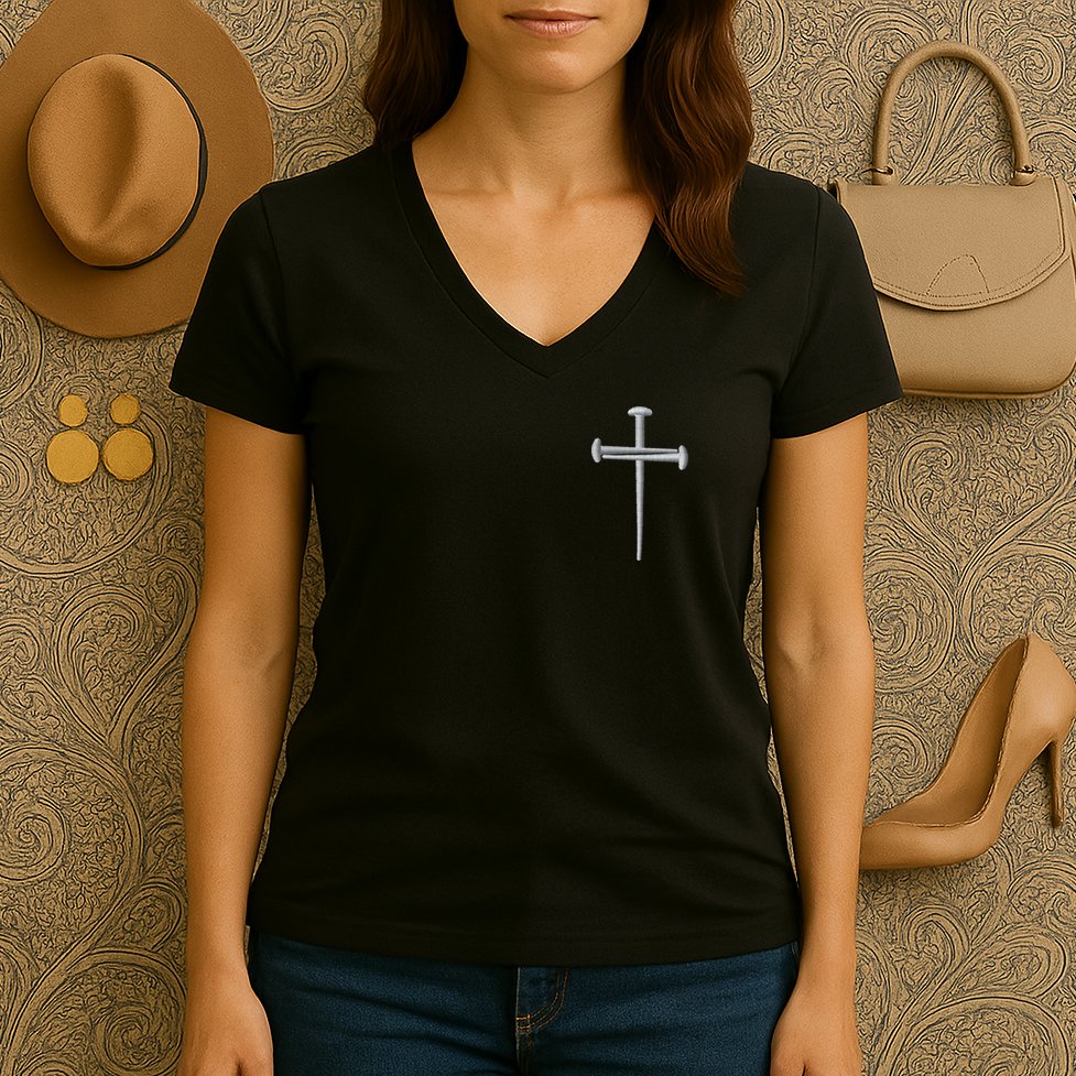 Embroidered 3 Nails Cross Jesus Christ Christian Faith In God Embroidered Women's V-Neck T-Shirt