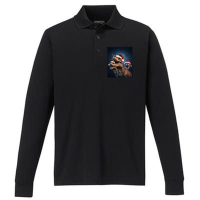 Epic 3 Trex Santa Christmas Trex Gift Performance Long Sleeve Polo