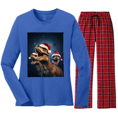 Epic 3 Trex Santa Christmas Trex Gift Women's Long Sleeve Flannel Pajama Set 