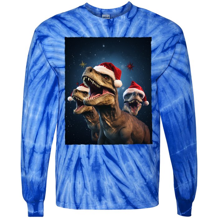 Epic 3 Trex Santa Christmas Trex Gift Tie-Dye Long Sleeve Shirt