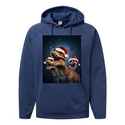 Epic 3 Trex Santa Christmas Trex Gift Performance Fleece Hoodie