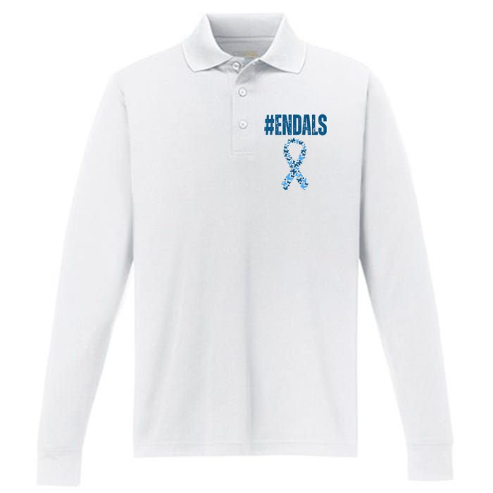 End Als Awareness Support Butterfly Ribbon Performance Long Sleeve Polo