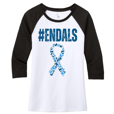 End Als Awareness Support Butterfly Ribbon Women's Tri-Blend 3/4-Sleeve Raglan Shirt