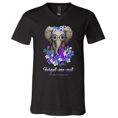 Elephant AlzheimerS Awareness Purple Ribbon V-Neck T-Shirt