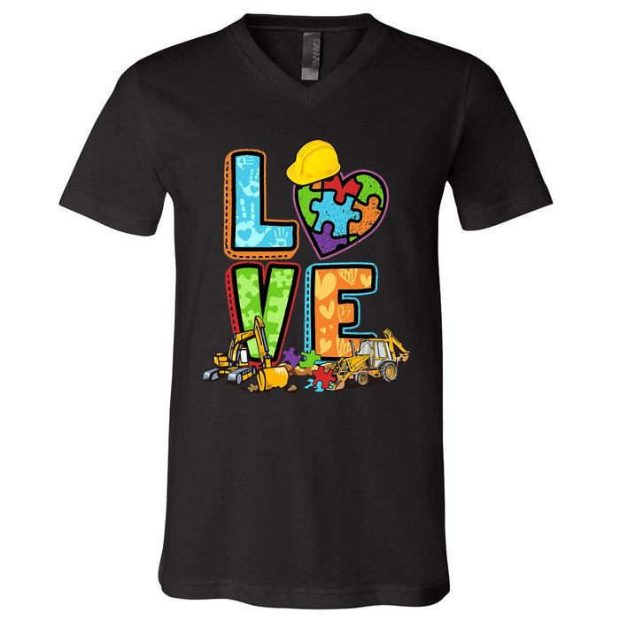 Excavator Autism Awareness Love Heart Autism V-Neck T-Shirt