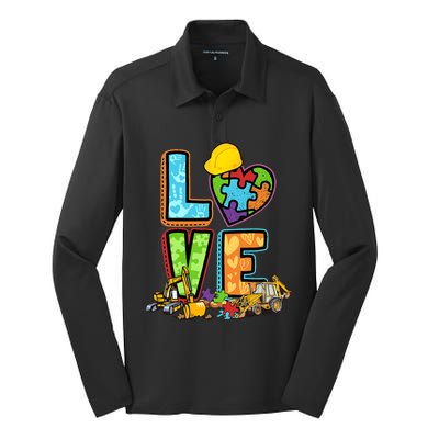 Excavator Autism Awareness Love Heart Autism Silk Touch Performance Long Sleeve Polo