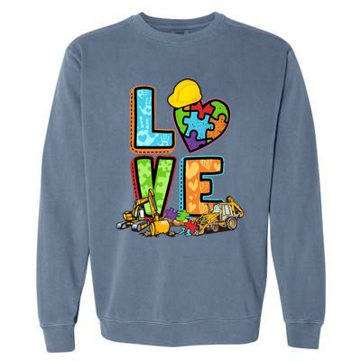 Excavator Autism Awareness Love Heart Autism Garment-Dyed Sweatshirt