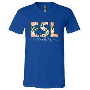 English As A Second Language Team Floral Esl Teacher Cool Gift V-Neck T-Shirt