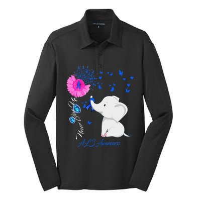 Elephant ALS Awareness - ALS Ribbon Silk Touch Performance Long Sleeve Polo