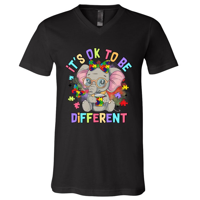 Elephant Autism Awareness ItS Ok To Be Different V-Neck T-Shirt