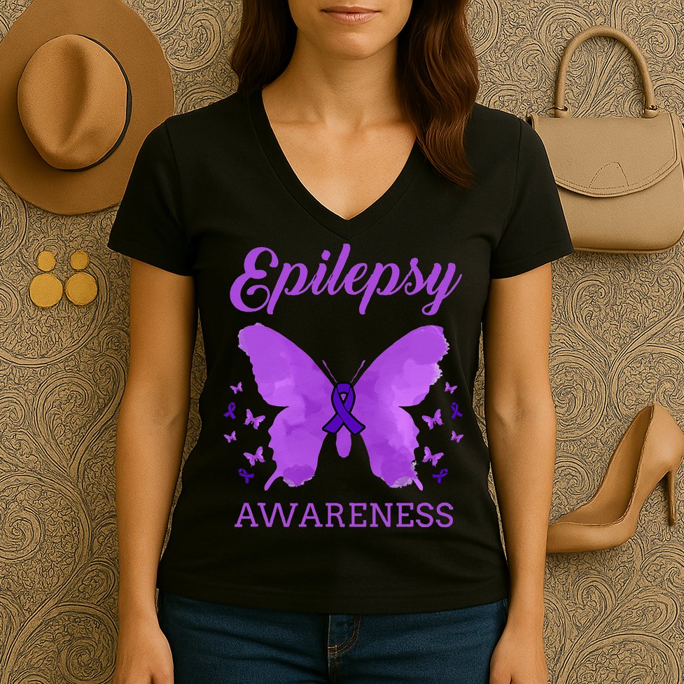 Epilepsy Awareness Butterfly Epilepsy Warrior Women's V-Neck T-Shirt