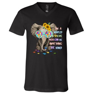 Elephant Autism Be Kind Autism Awareness V-Neck T-Shirt