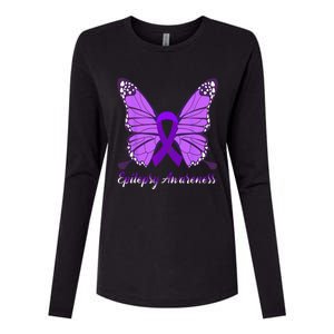 Epilepsy Awareness Butterfly Purple Ribbon Epilepsy Support Womens Cotton Relaxed Long Sleeve T-Shirt