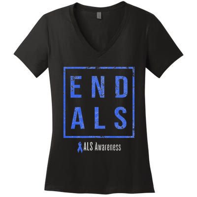End Als Distressed Als Awareness Women's V-Neck T-Shirt