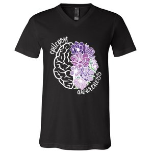 Epilepsy Awareness Floral Neurodiversity V-Neck T-Shirt