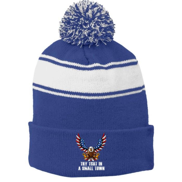 Eagle American Flag Vintage Retro Try That In My Town Stripe Pom Pom Beanie