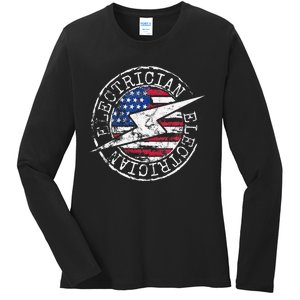 Electrician American Flag Electrical Gift USA Stamp Style Ladies Long Sleeve Shirt