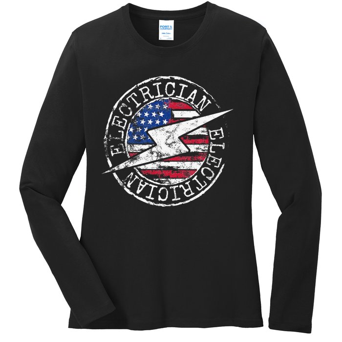 Electrician American Flag Electrical Gift USA Stamp Style Ladies Long Sleeve Shirt