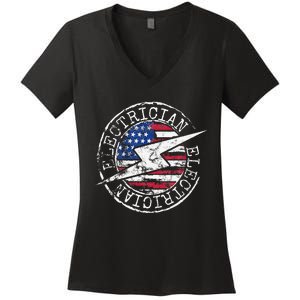 Electrician American Flag Electrical Gift USA Stamp Style Women's V-Neck T-Shirt