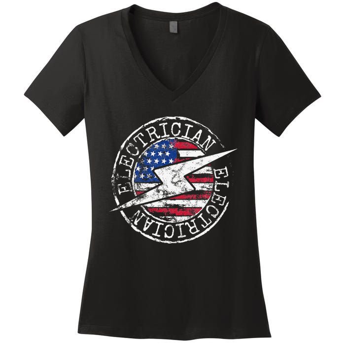 Electrician American Flag Electrical Gift USA Stamp Style Women's V-Neck T-Shirt