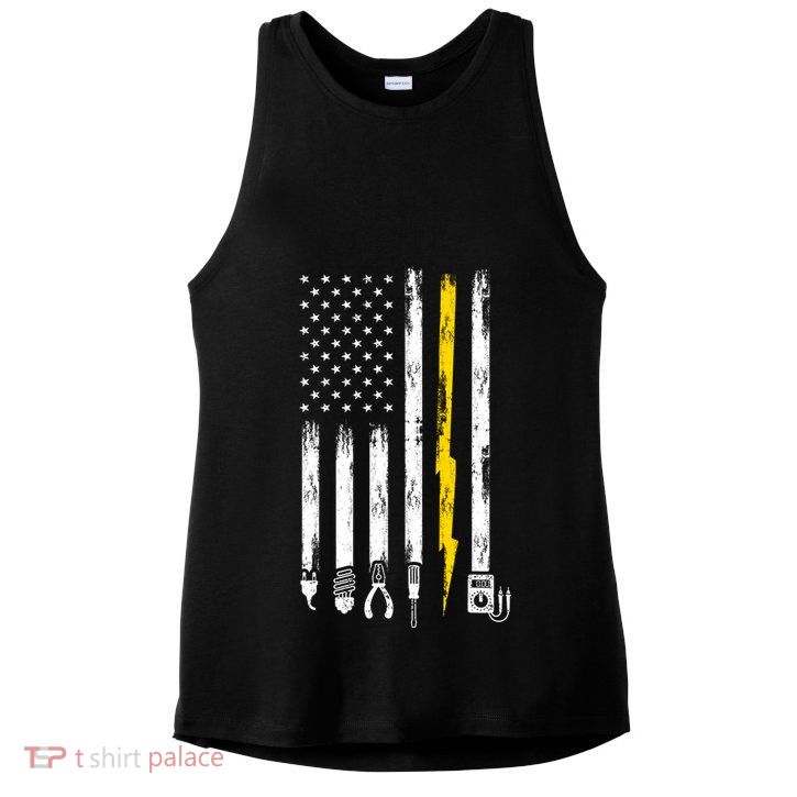 Electrician American Flag USA Ladies PosiCharge Tri-Blend Wicking Tank
