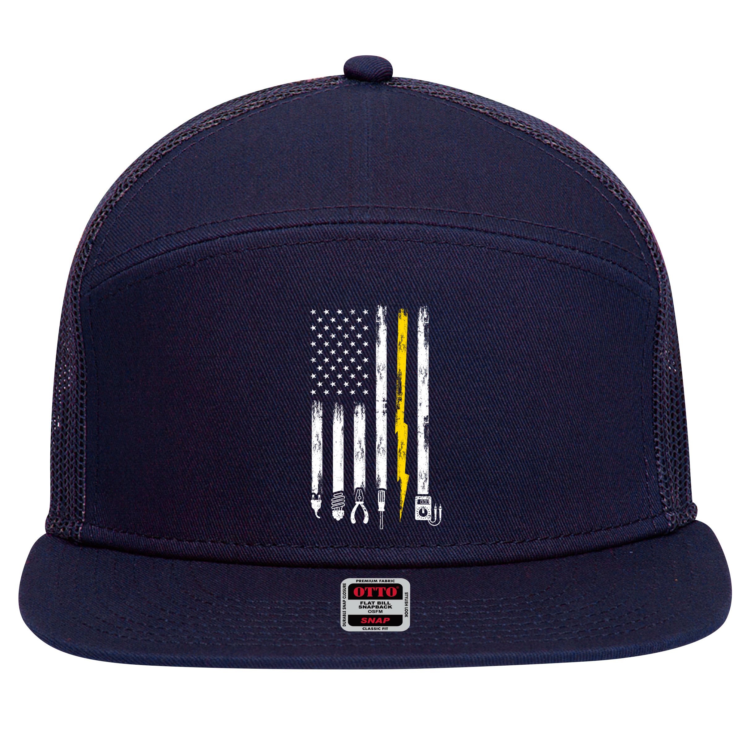 Electrician American Flag USA 7 Panel Mesh Trucker Snapback Hat