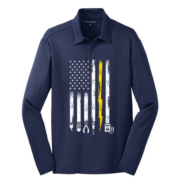 Electrician American Flag USA Silk Touch Performance Long Sleeve Polo