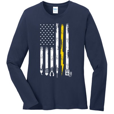 Electrician American Flag USA Ladies Long Sleeve Shirt