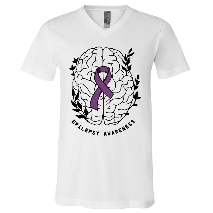 Epilepsy Awareness For Epilepsy Warrior Purple Ribbon Neurodiversity V-Neck T-Shirt