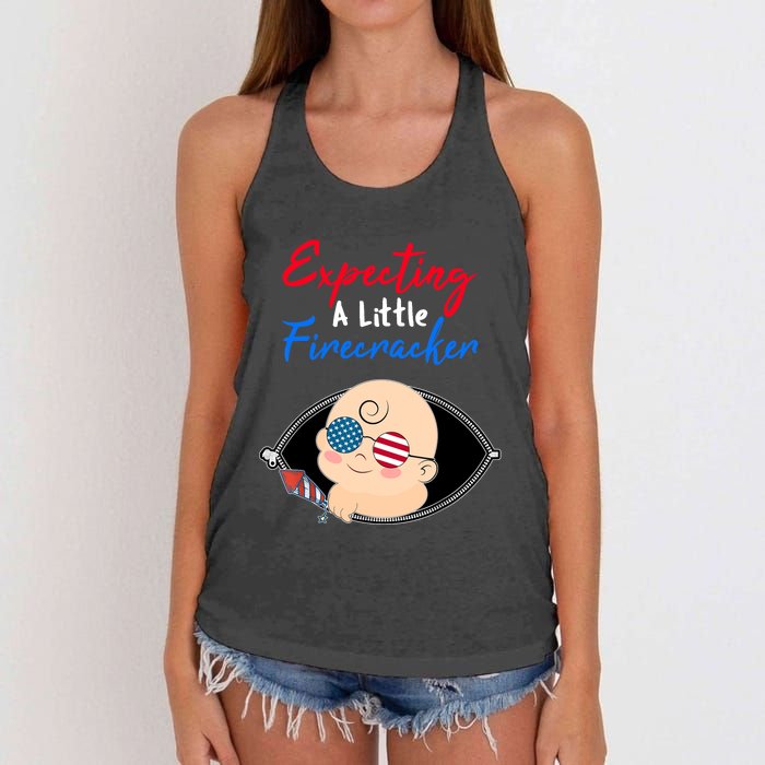 Expecting a Little Firecracker Pregnancy 4th of July Funny Women's Knotted Racerback Tank