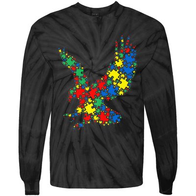 Eagle Autism Puzzle for Autism Awareness Tie-Dye Long Sleeve Shirt