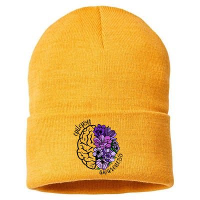 Epilepsy Awareness Purple Brain Flower Sustainable Knit Beanie