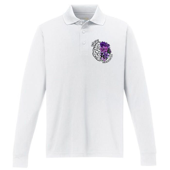 Epilepsy Awareness Purple Brain Flower Performance Long Sleeve Polo