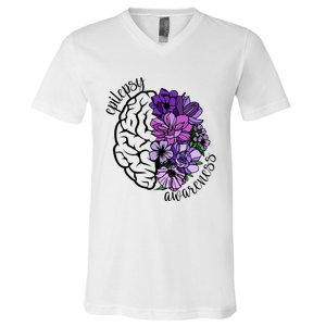 Epilepsy Awareness Purple Brain Flower V-Neck T-Shirt