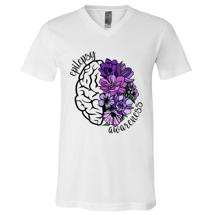 Epilepsy Awareness Purple Brain Flower V-Neck T-Shirt