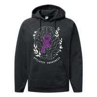 Epilepsy Awareness Ribbon Purple Epilepsy Brain Grahpic Performance Fleece Hoodie