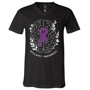 Epilepsy Awareness Ribbon Purple Epilepsy Brain Grahpic V-Neck T-Shirt