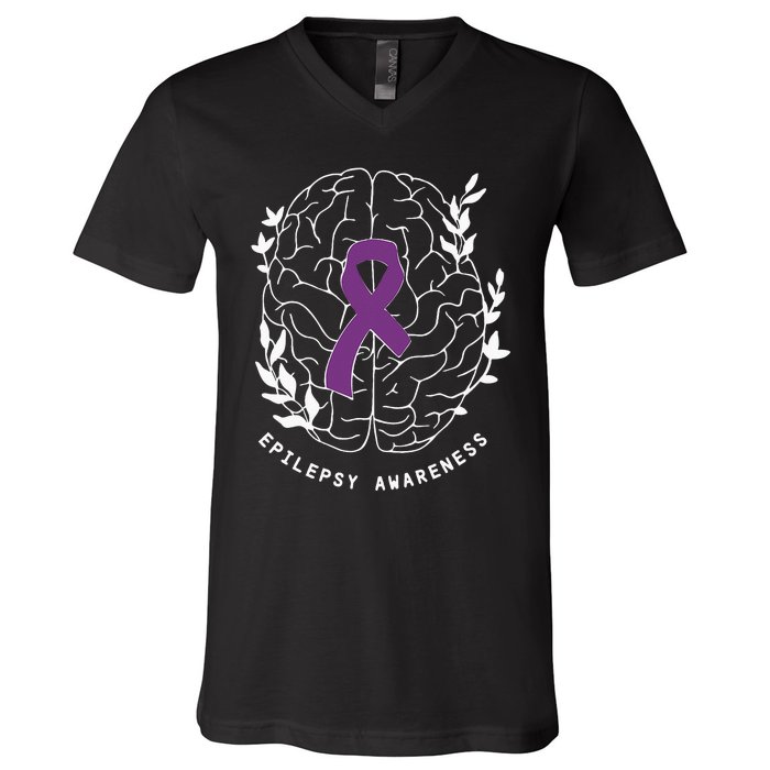 Epilepsy Awareness Ribbon Purple Epilepsy Brain Grahpic V-Neck T-Shirt