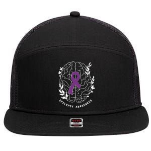 Epilepsy Awareness Ribbon Purple Epilepsy Brain Grahpic 7 Panel Mesh Trucker Snapback Hat