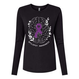 Epilepsy Awareness Ribbon Purple Epilepsy Brain Grahpic Womens Cotton Relaxed Long Sleeve T-Shirt